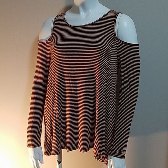 Lush Brown & White Striped Cold Shoulder Top (M) - Picture 2 of 6